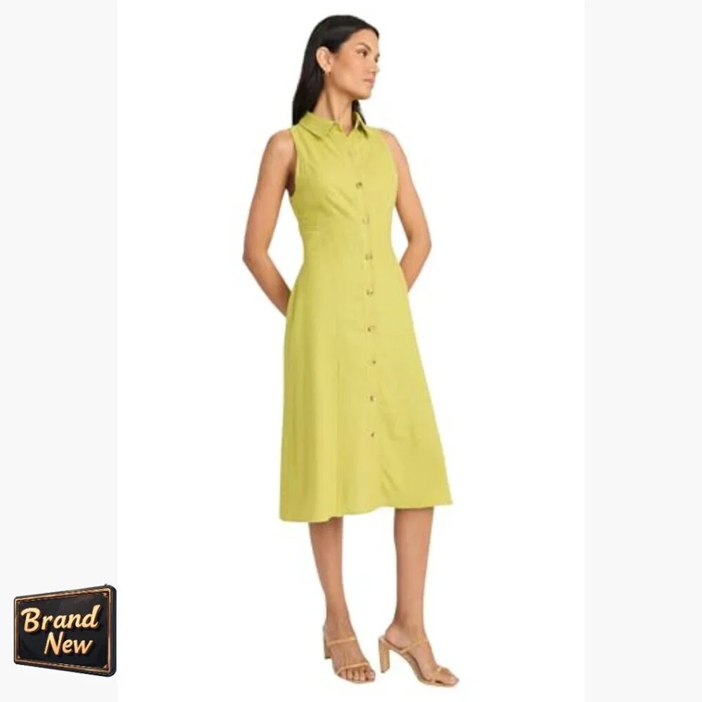 Sleeveless Button Down Linen Midi Dress A-Line Business Casual